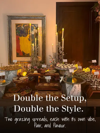 Double the style, double the setup. For this event, we created two distinct grazing spreads, each with its own unique vibe, flair, and flavour profile to cater to different tastes.
