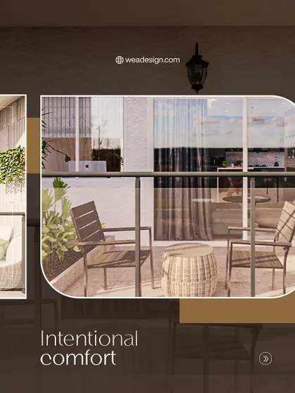 This shot highlights the intentional comfort of the balcony design, with a mix of seating and a small wicker table.