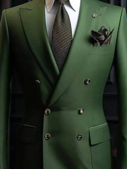 Another look at the powerful bottle green double-breasted suit. The tailoring is sharp and the color is exceptionally rich.