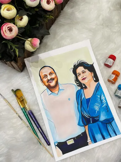 Another angle of the same couple portrait, set against a floral background. These custom illustrations are perfect for celebrating milestones or simply as a beautiful piece of personal art.