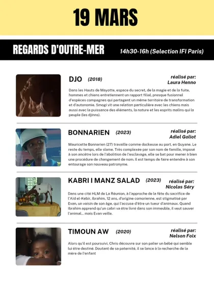 The screening schedule for the first day of our Short Film Festival, featuring films from French overseas territories. Our programming offers a diverse look into the entire Francophone world.