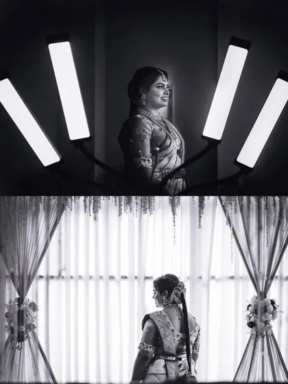 A creative black and white collage showing the bride getting ready, using dramatic lighting to create artistic portraits.