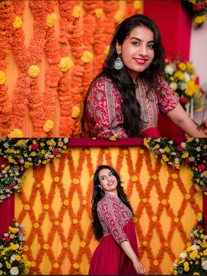A collage of a guest enjoying the Mehendi ceremony, her smile as bright as the floral decor.