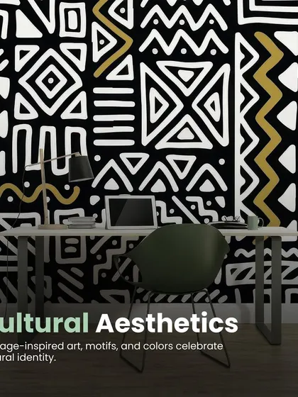We often incorporate cultural aesthetics into our designs. This image shows how heritage-inspired art and motifs can celebrate cultural identity within a modern workspace.