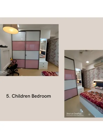 This collage shows a children's bedroom I designed. It includes a sliding wardrobe with pink and white panels and a comfortable bed, creating a space that is both playful and practical.