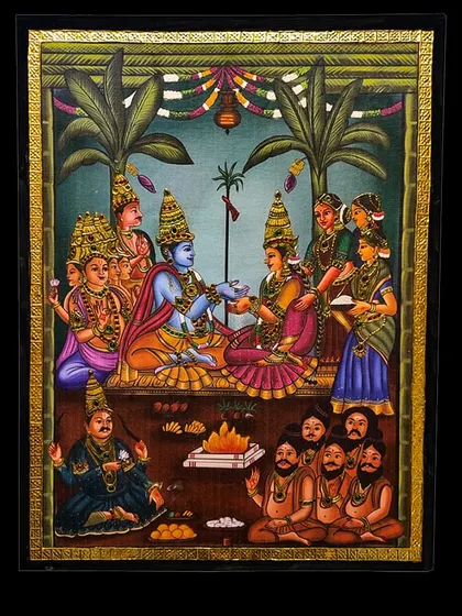 An unframed view of the Srinivasa Kalyanam canvas painting. This perspective showcases the blend of painting styles and the intricate details that tell the story of the divine wedding.