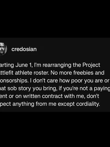 Starting June 1, I'm resetting my athlete roster. No more freebies or sponsorships. If you're not a paying client, don't expect anything.