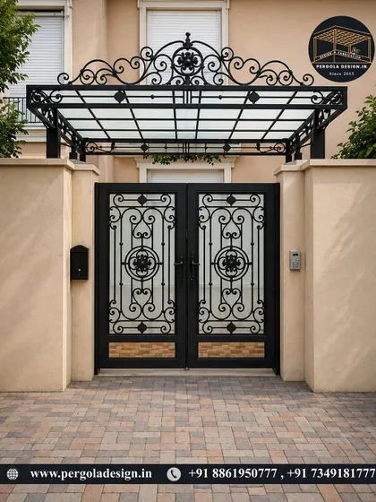 This classic European-style gate and canopy combination adds timeless elegance to the property. The arched canopy with a glass roof provides shelter while complementing the intricate design of the metal gate.