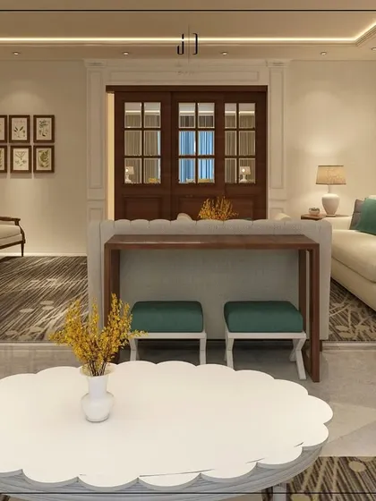 A wide-angle 3D visualization of the living room, showcasing the relationship between different seating areas and the main door. This helps in planning the flow and circulation of the space.