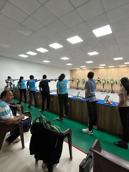 A wide view of our shooters during an ISSF Air Pistol final match practice. We simulate real competition scenarios to prepare our athletes for upcoming state-level events.