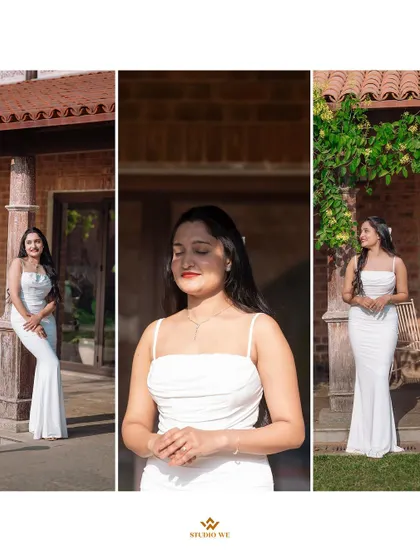 A collage of the bride in her beautiful white dress, capturing her serene and happy moments before the ceremony.