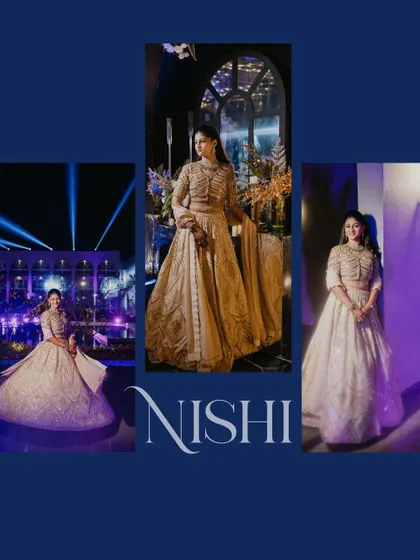 A collage dedicated to the bride's stunning Sangeet look. It showcases her elegant lehenga and confident poses from different angles, telling the story of her glamorous night.