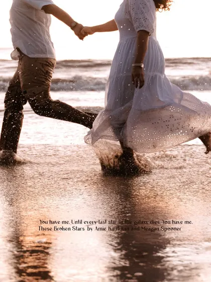 An artistic shot of a couple running in the surf at sunset, overlaid with a beautiful quote about love.