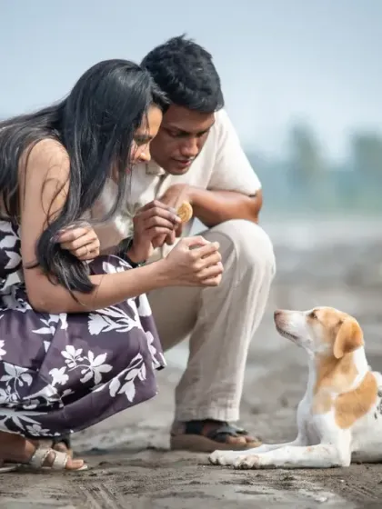 Sometimes the most unexpected guests make for the best photos. This sweet moment with a friendly stray dog added so much heart to this couple's pre-wedding beach shoot.