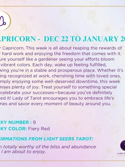 This week's tarot reading for Capricorn. This week is all about reaping the rewards of your hard work. Treat yourself to something special and celebrate your successes.
