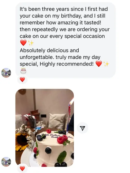 I love hearing from my clients. This wonderful feedback is for a chocolate buttercream celebration cake, and it truly made my day.