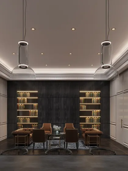 Another view of the Chief Justice of India's office, showcasing the bespoke, back-lit bookshelves designed to house an extensive law collection. The symmetrical design and refined detailing create a sense of order and prestige.