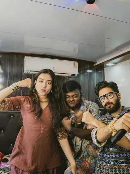Backstage shenanigans with the band before a show in Mysuru. It's always a mix of fun, jokes, and serious singing.