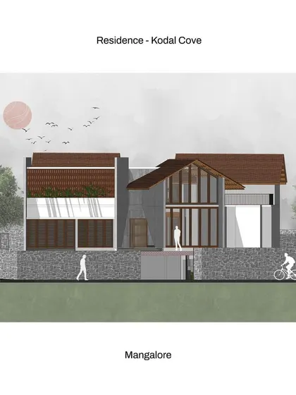 This elevation drawing for 'Kodial Cove' in Mangalore was part of the initial design phase. It shows the proposed combination of louver work and *jaali* screens to create a modernized 'Mangalore style' aesthetic.