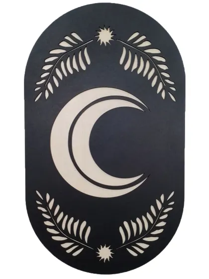 The full Botanical Moon Sign, featuring a crescent moon within an oval frame adorned with botanical details. A beautiful piece for a celestial or nature-themed room.