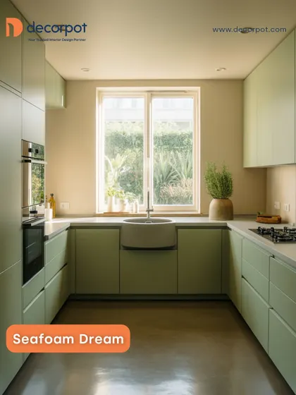 This kitchen is a breath of fresh air, designed in a calming seafoam green. The U-shaped layout maximizes counter space, while the minimalist, handleless cabinets create a clean and uncluttered look. It’s a perfect example of how neutral tones can create a serene and timeless heart of the home.