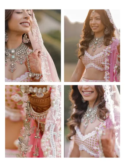 A collage of detailed shots of the bride, focusing on her smile and jewelry.