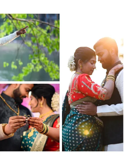 A photo collage telling the story of an engagement. It features the ring exchange, a romantic portrait with the sun setting, and a detail shot symbolizing their connection to nature.