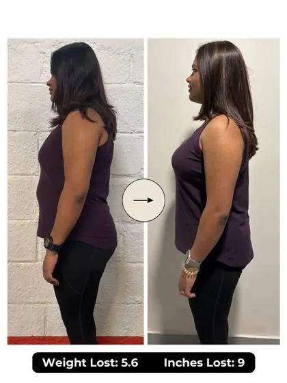 Sayani lost 5.6 kgs and 9 inches in 6 weeks. She went from irregular workouts and 2-3k steps a day to consistent strength training and an active lifestyle with over 12k steps daily.