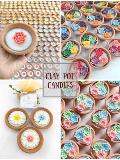 A collage dedicated to my clay pot candles, featuring succulent, daisy, and single flower designs in a variety of colors.