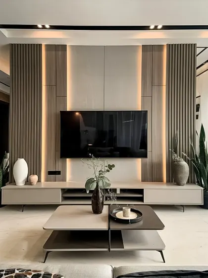 A sophisticated TV wall unit featuring vertical wooden slats and integrated LED strip lighting. The low-profile console keeps the look clean and uncluttered, perfect for a modern living room.