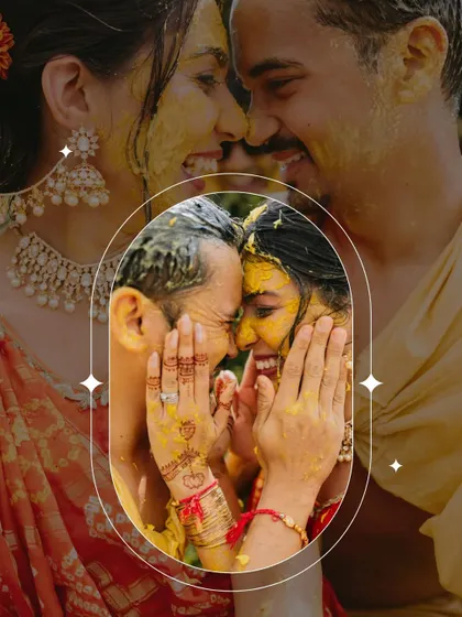 An intimate close-up of a couple playfully smearing haldi on each other's faces, their smiles radiating pure happiness.