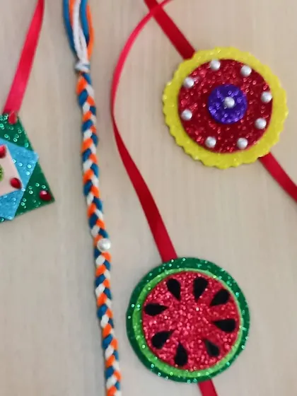 Beautiful, handcrafted rakhis made by the children for Raksha Bandhan. This activity allows them to create something special for their siblings while learning about the festival's significance.