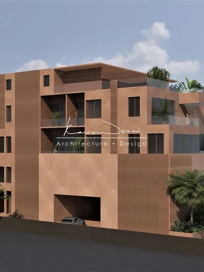 This perspective shows how the home interacts with its site. The lower level is anchored with large glass panels, creating a connection to the garden, while the upper levels feel more private and contained.