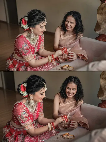 The bride sharing a laugh with her bridesmaid while getting ready. These behind-the-scenes moments are full of genuine friendship and excitement.