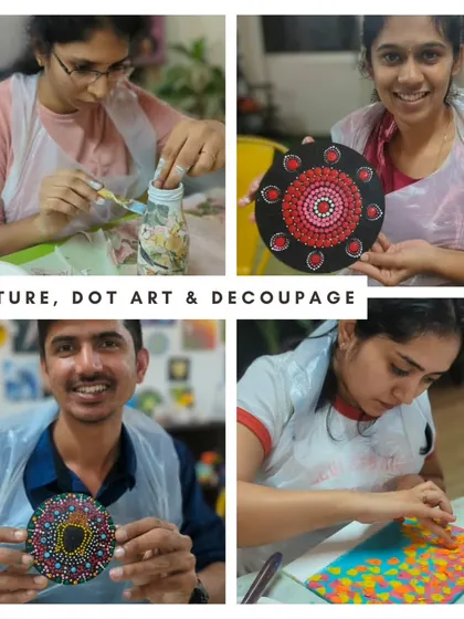 A collage from a Sunday workshop, featuring texture art, dot art, and decoupage. So many ways to get creative!