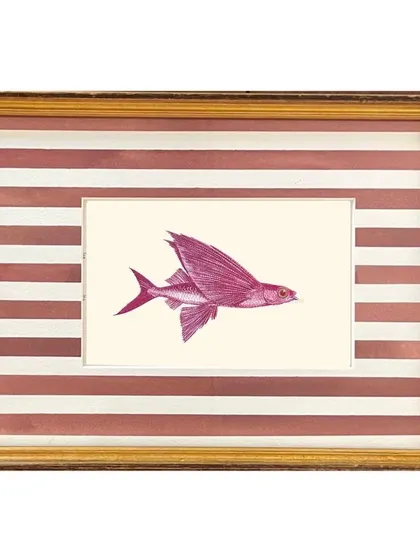 A whimsical flying fish illustration, framed with a hand-painted brown and white striped mount. This is part of my exploration into how framing can become an extension of the artwork itself.