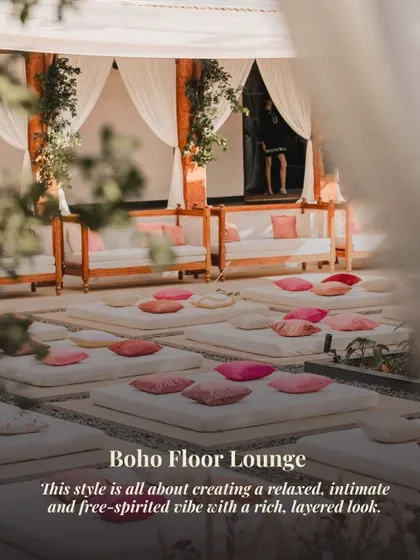 The "Boho Floor Lounge" is a relaxed and trendy seating option for a Mehendi or sundowner. I use low mattresses, colorful cushions, and soft drapes to create a comfortable and intimate vibe.