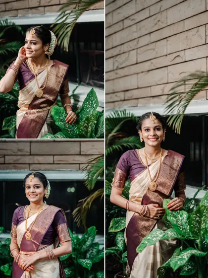 A collage of beautiful solo portraits of a bride, showcasing her elegance in a traditional silk saree.