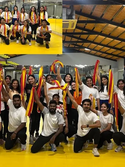 The whole crew celebrating Kannada Rajyotsava. This collage captures the joy and unity of our members as we came together for a special themed workout, complete with festive scarves and big smiles.