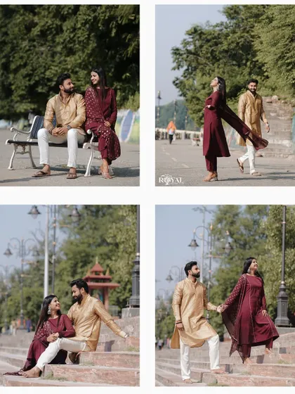 A collage of a couple in traditional attire, posing on benches and steps with the lush greenery of Rishikesh in the background.