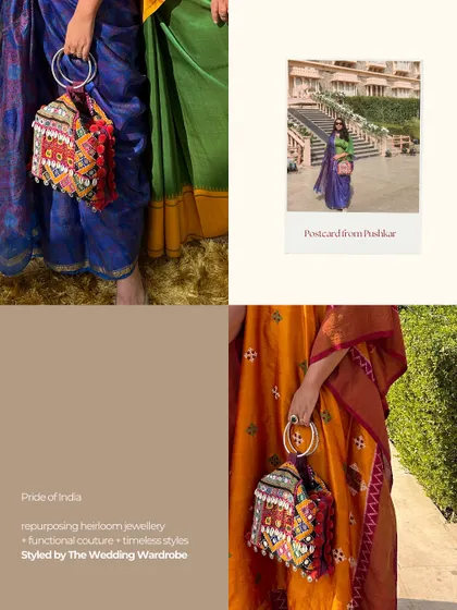 A moodboard showcasing our "Pride of India" philosophy: repurposing heirloom jewellery, functional couture, and timeless styles.