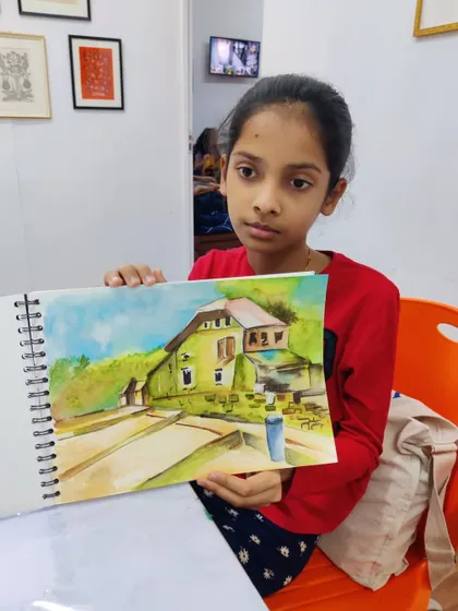This student's watercolor painting of a country house covered in greenery shows a good understanding of light, shadow, and natural textures.