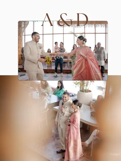 A collage from an engagement party, showing the couple dancing and addressing their guests, capturing the happy and relaxed atmosphere.
