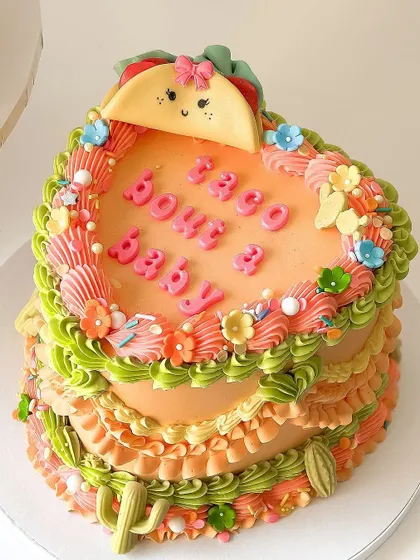 Another view of the creative and colorful taco-themed vintage cake.