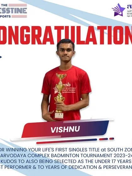 Congratulations to Vishnu on winning his first-ever singles title and being named the Under-17 Best Performer. A testament to years of dedication.