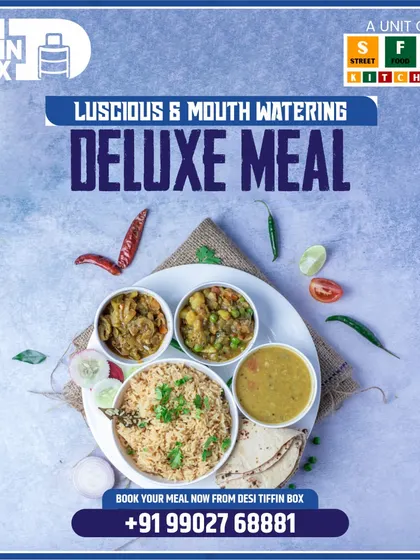 My Deluxe Meal is for those with a hearty appetite. It includes larger portions and sometimes an extra item, like the spread seen here with rice, roti, dal, and two different sabjis, garnished for a mouth-watering presentation.