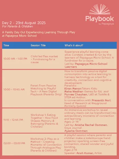 The agenda for Day 2 of The Playbook is all about family fun and shared experiences. We've planned a child-led flea market, a panel on playful tech for parents, and workshops on creating food memories and analogue play.