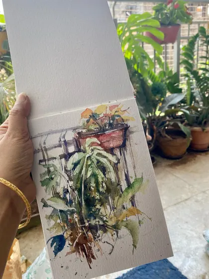 A quick sketch of my cozy balcony garden, done in my sketchbook during my morning tea. This is my cherished 'me time' before the day's hustle begins.