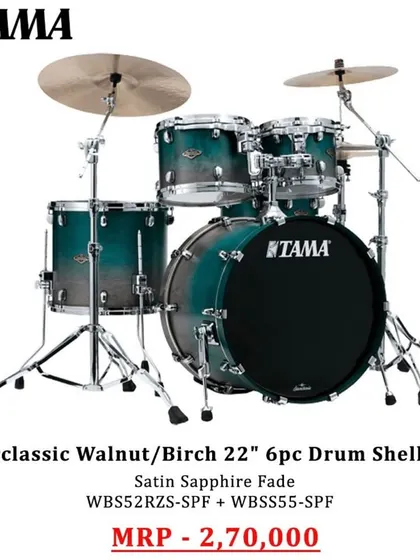 The Tama Starclassic Walnut/Birch 6-piece shell set in Satin Sapphire Fade. This graphic shows the configuration and pricing for this high-end, professional drum kit.