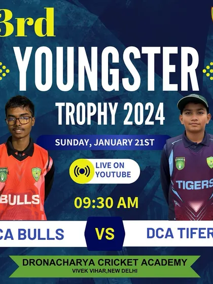 Match announcement for a Sunday morning clash between DCA Bulls and DCA Tigers.